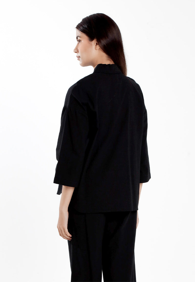 Forest Ladies Cotton Linen 3/4 Sleeve Collar Blouse Women Shirt | Baju Kemeja Perempuan Lengan Panjang - 822474