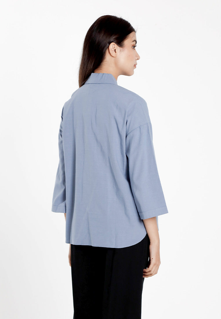 Forest Ladies Cotton Linen 3/4 Sleeve Collar Blouse Women Shirt | Baju Kemeja Perempuan Lengan Panjang - 822474