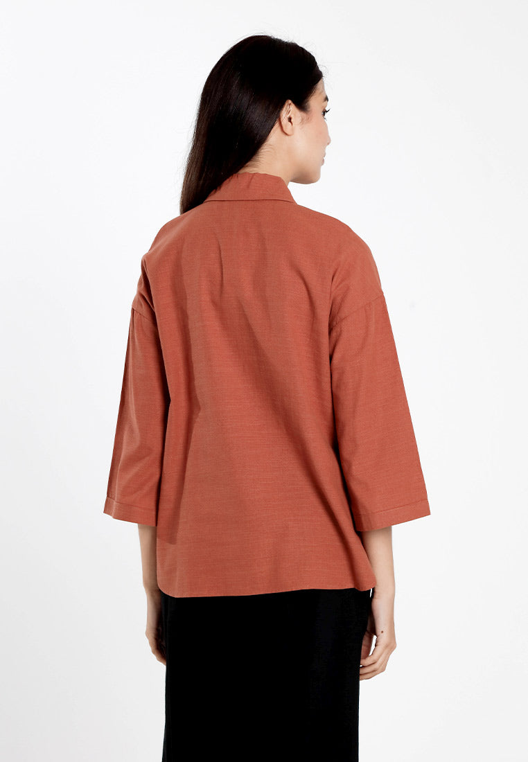 Forest Ladies Cotton Linen 3/4 Sleeve Collar Blouse Women Shirt | Baju Kemeja Perempuan Lengan Panjang - 822474