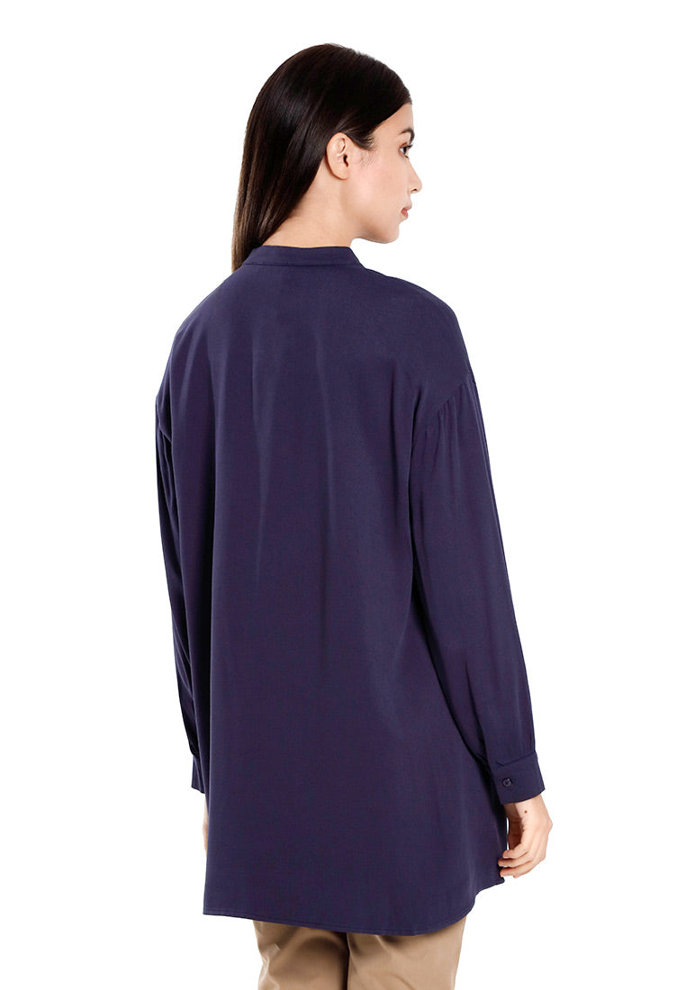 Forest Ladies Rayon Oversized Band Collar Plain Blouse Women Long Sleeve Tunic | Baju Perempuan - 822505