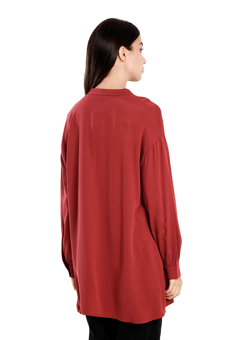 Forest Ladies Rayon Oversized Band Collar Plain Blouse Women Long Sleeve Tunic | Baju Perempuan - 822505