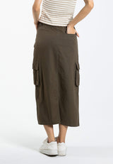 Forest Ladies Cotton Twill Elastic Waisted Cargo Skirt Women Midi Skirt - 880009