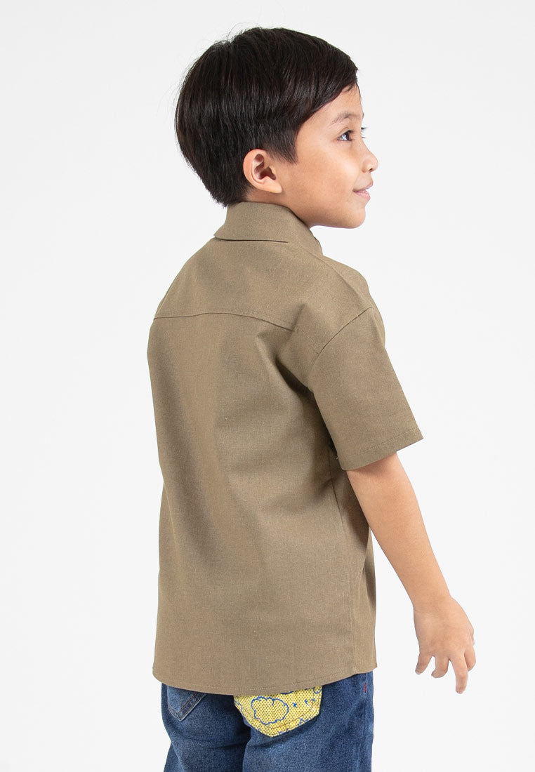 Forest Kids Boys Cotton Linen Double Pocket Short Sleeve Collar Shirt | Baju Budak Lelaki Lengan Pendek - FK20261