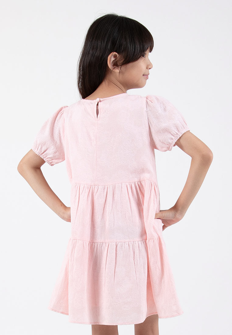 Forest Kids Girl Textured Cotton Puff Sleeve Tiered Dress | Baju Budak Perempuan - FK885065
