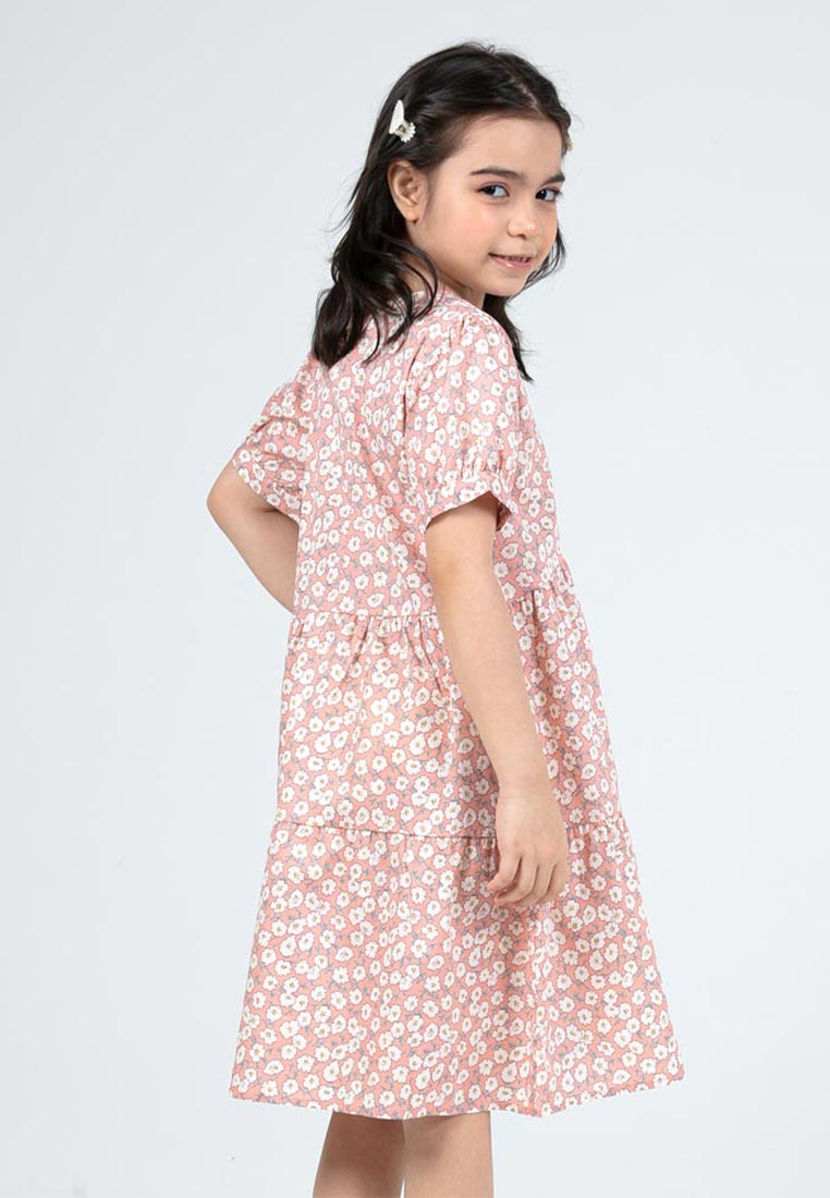 Forest Kids Girls Floral Pattern Cotton Short Sleeve Tiered Dress | Baju Budak Perempuan - FK885075