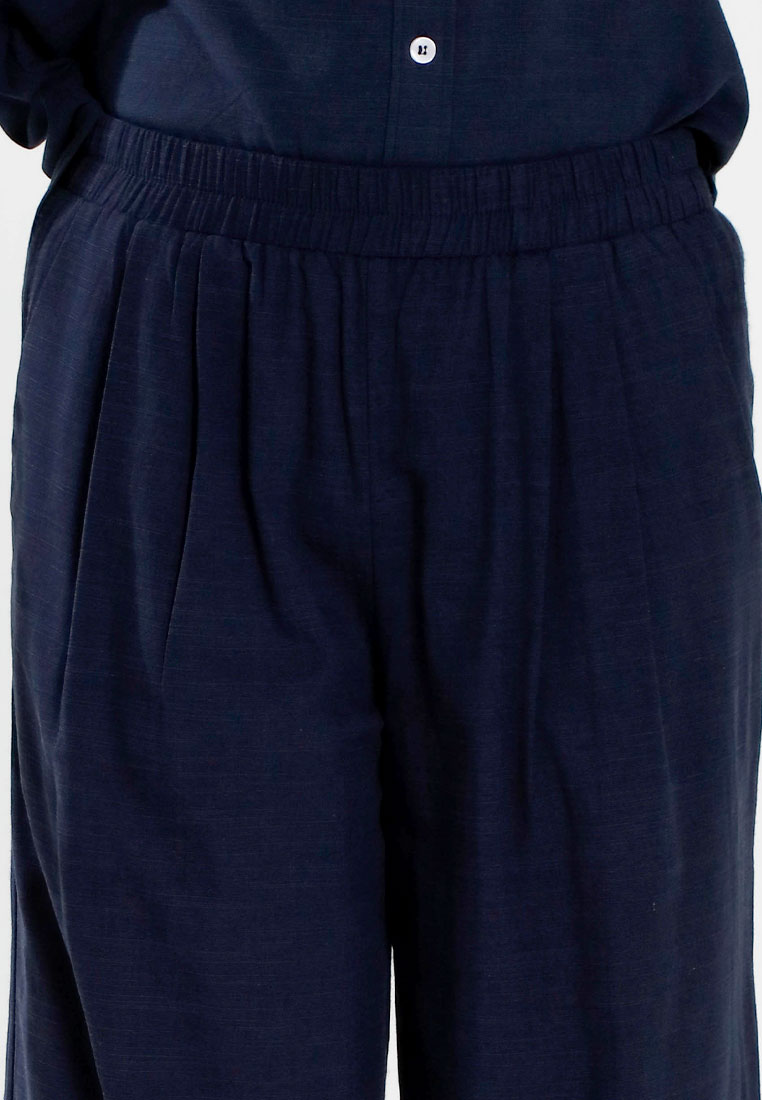 Forest Ladies Cotton Linen Pleated Wide Leg Pants Women Elastic Waist Long Pants | Seluar Panjang Palazzo - 810514