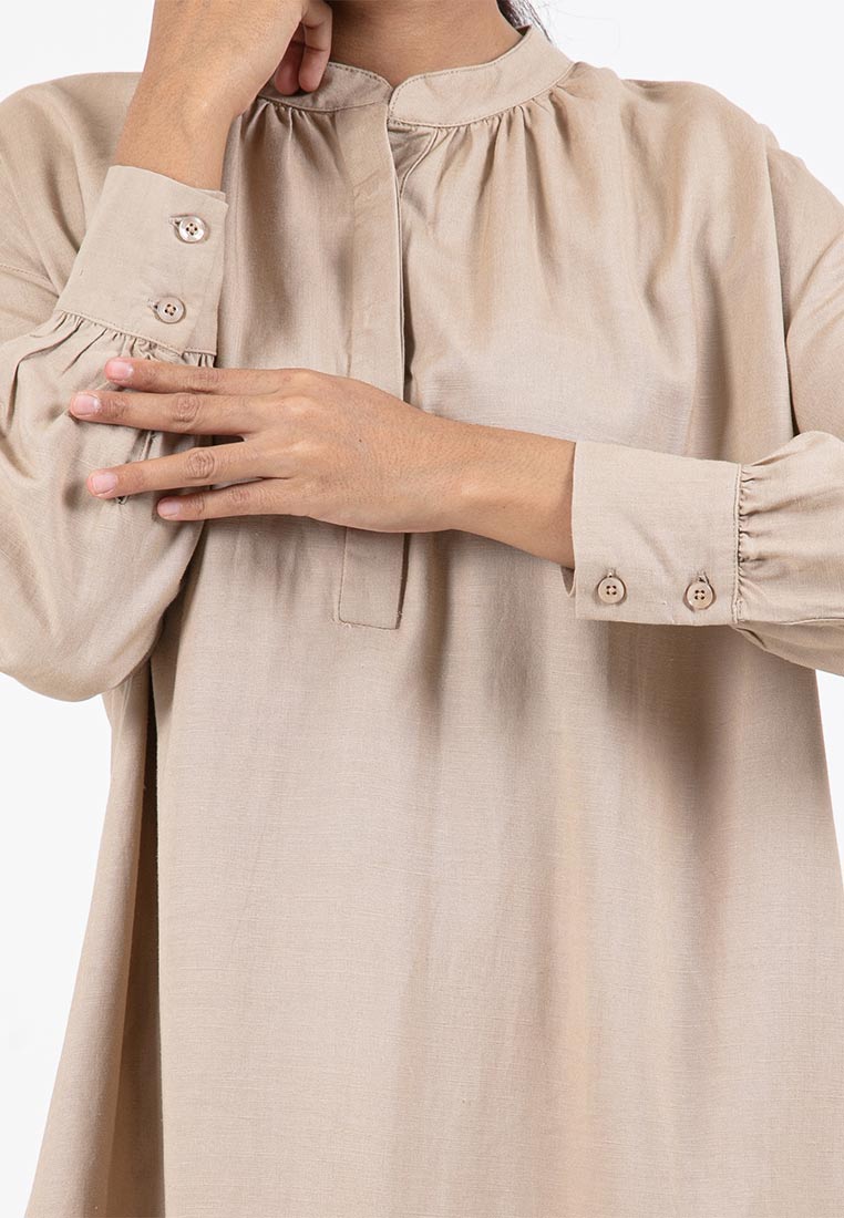 Forest Ladies Linen Oversized Band Collar Plain Blouse Women Long Sleeve Tunic | Baju Perempuan - 822391