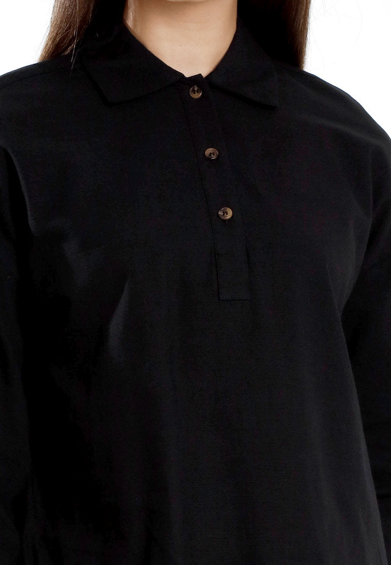 Forest Ladies Cotton Linen 3/4 Sleeve Collar Blouse Women Shirt | Baju Kemeja Perempuan Lengan Panjang - 822474