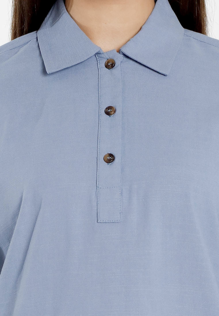 Forest Ladies Cotton Linen 3/4 Sleeve Collar Blouse Women Shirt | Baju Kemeja Perempuan Lengan Panjang - 822474