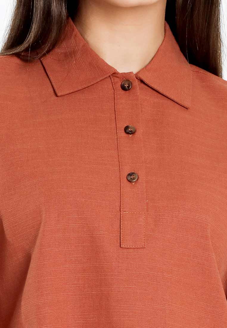 Forest Ladies Cotton Linen 3/4 Sleeve Collar Blouse Women Shirt | Baju Kemeja Perempuan Lengan Panjang - 822474