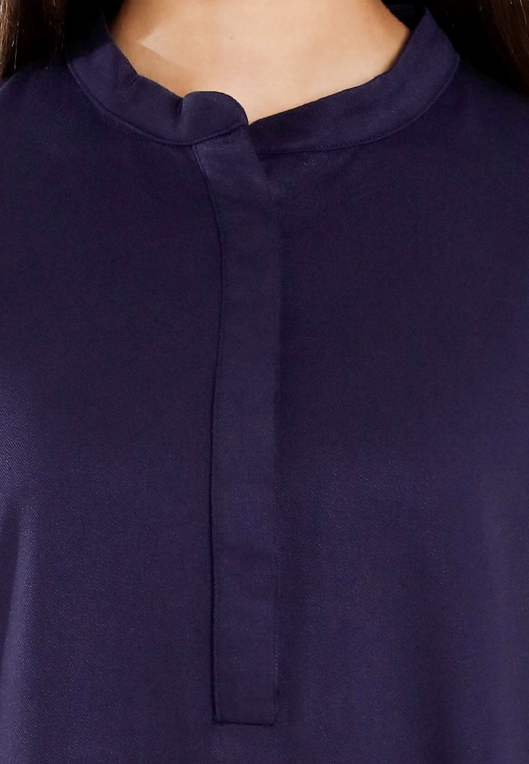 Forest Ladies Rayon Oversized Band Collar Plain Blouse Women Long Sleeve Tunic | Baju Perempuan - 822505