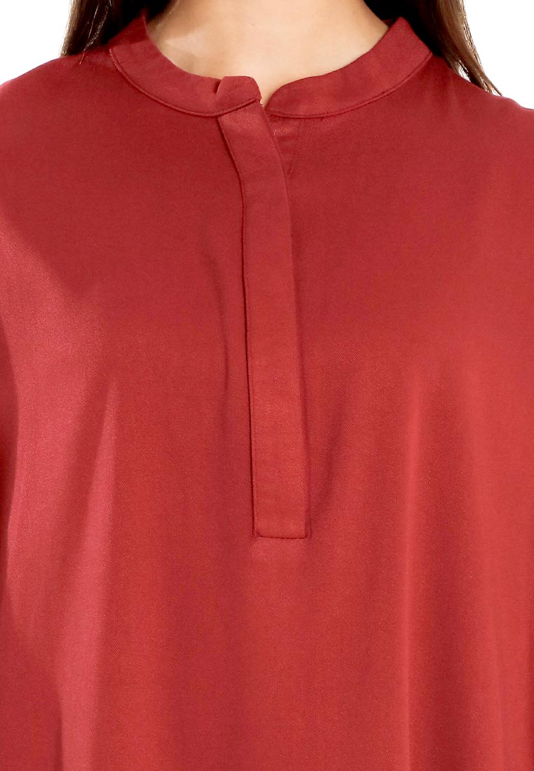 Forest Ladies Rayon Oversized Band Collar Plain Blouse Women Long Sleeve Tunic | Baju Perempuan - 822505