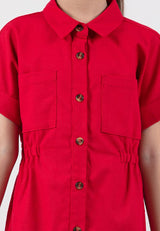 Forest Kids Girl Cotton Linen Short Sleeve Button Up Shirt Dress | Baju Budak Perempuan Lengan Pendek - FK885066