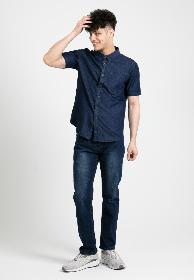 Forest Denim Plain Short Sleeve Men Shirt | Baju Kemeja Lelaki - 621353