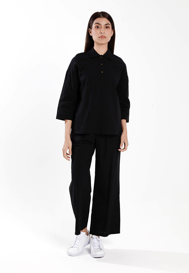 Forest Ladies Cotton Linen Pleated Wide Leg Pants Women Elastic Waist Long Pants | Seluar Panjang Palazzo - 810514