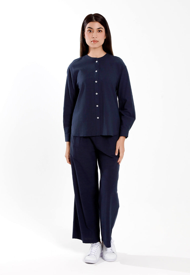 Forest Ladies Cotton Linen Pleated Wide Leg Pants Women Elastic Waist Long Pants | Seluar Panjang Palazzo - 810514