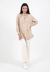 Forest Ladies Linen Oversized Band Collar Plain Blouse Women Long Sleeve Tunic | Baju Perempuan - 822391