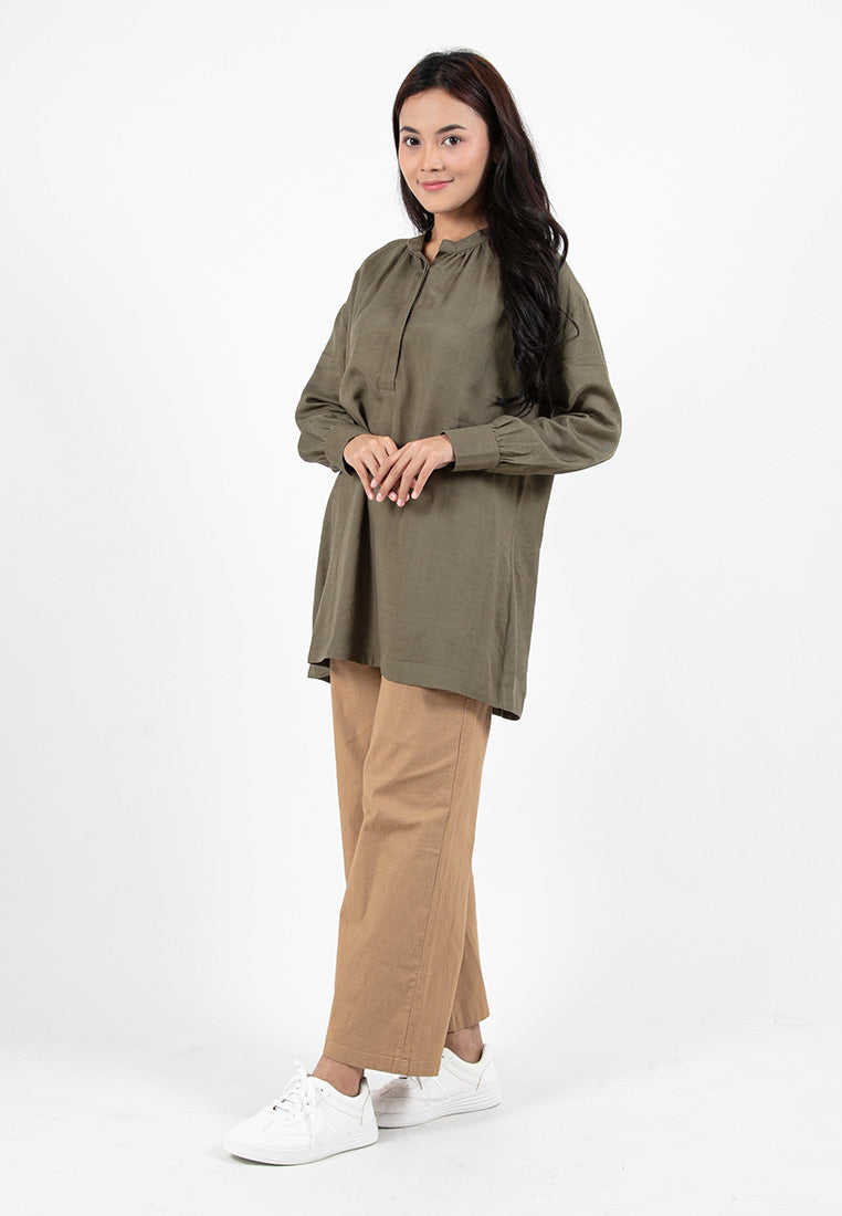 Forest Ladies Linen Oversized Band Collar Plain Blouse Women Long Sleeve Tunic | Baju Perempuan - 822391