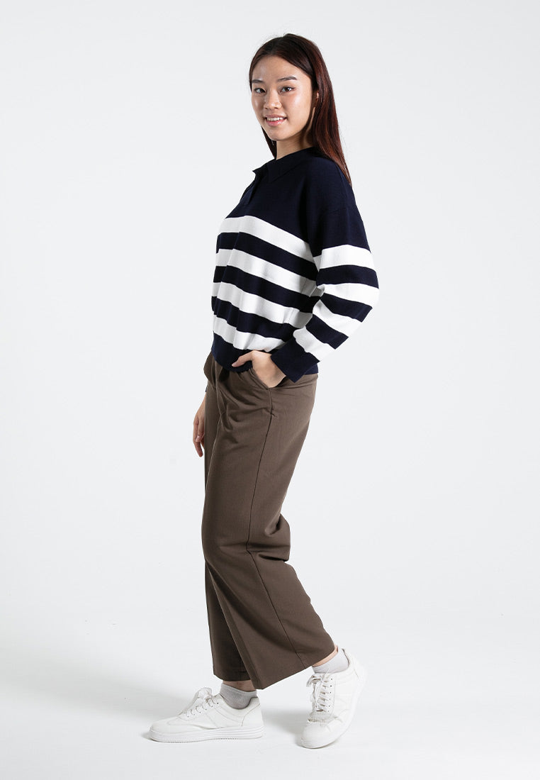 Forest Ladies Casual Striped Polo Long Sleeve Sweater Knit Top | Baju Lengan Panjang Perempuan - 822395