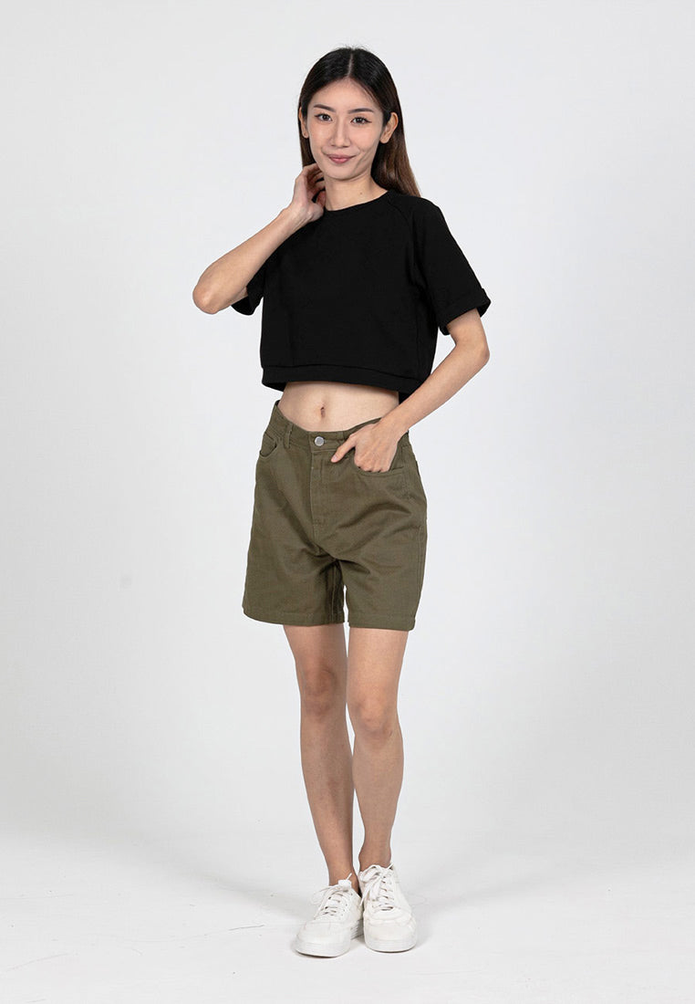 Forest Ladies Cotton Interlock Raglan Sleeve Round Neck Plain Cropped Top Ladies Casual Crop T-Shirt - 822407