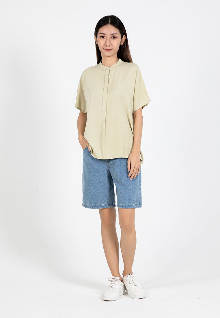 Forest Ladies Rayon Lyocell Band Collar Plain Blouse Women Short Sleeve Blouse | Baju Kemeja Perempuan - 822415