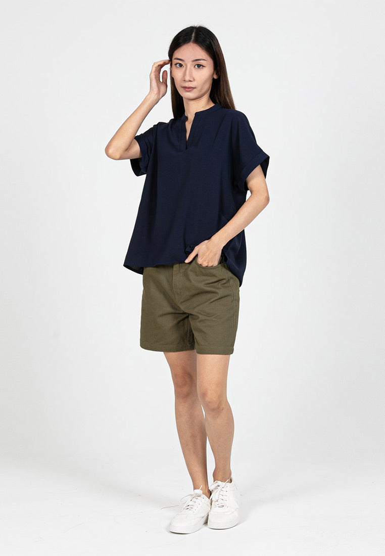 Forest Ladies Polyester Collar Plain Blouse Women Short Sleeve Blouse | Baju Perempuan - 822417