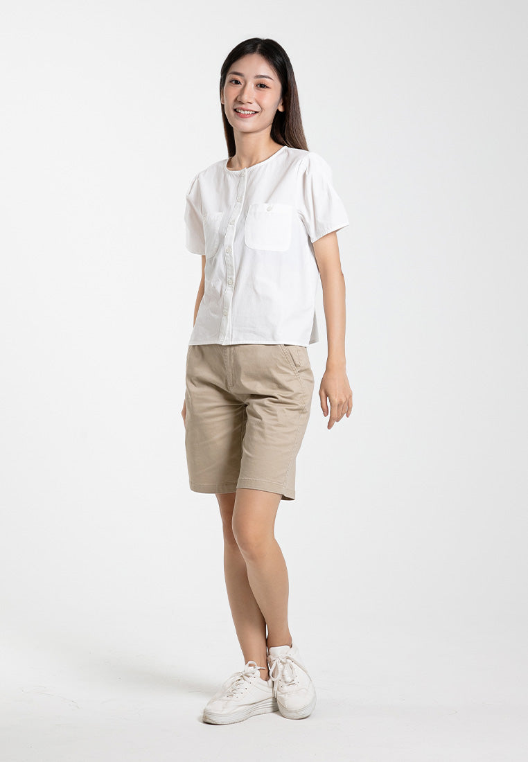 Forest Ladies Cotton Button Blouse Women Short Sleeve Pocket Blouse - 822458