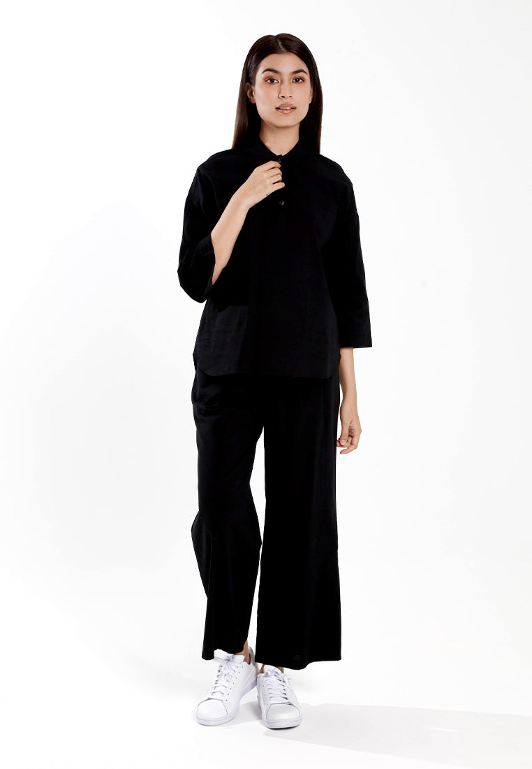 Forest Ladies Cotton Linen 3/4 Sleeve Collar Blouse Women Shirt | Baju Kemeja Perempuan Lengan Panjang - 822474