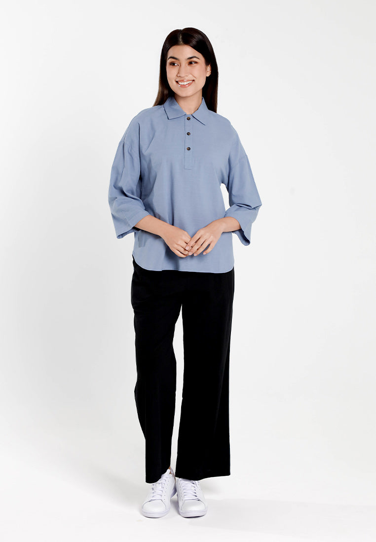 Forest Ladies Cotton Linen 3/4 Sleeve Collar Blouse Women Shirt | Baju Kemeja Perempuan Lengan Panjang - 822474