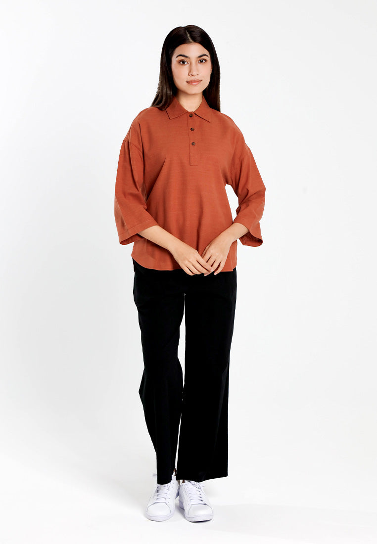 Forest Ladies Cotton Linen 3/4 Sleeve Collar Blouse Women Shirt | Baju Kemeja Perempuan Lengan Panjang - 822474