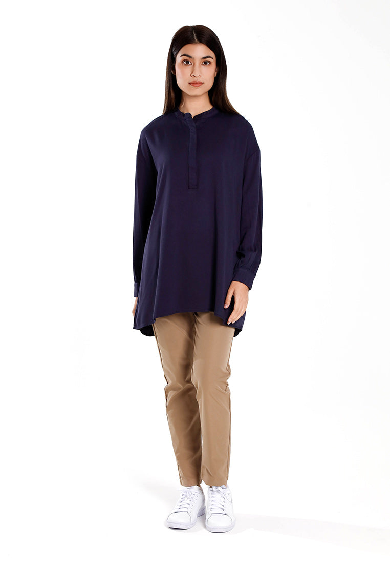 Forest Ladies Rayon Oversized Band Collar Plain Blouse Women Long Sleeve Tunic | Baju Perempuan - 822505