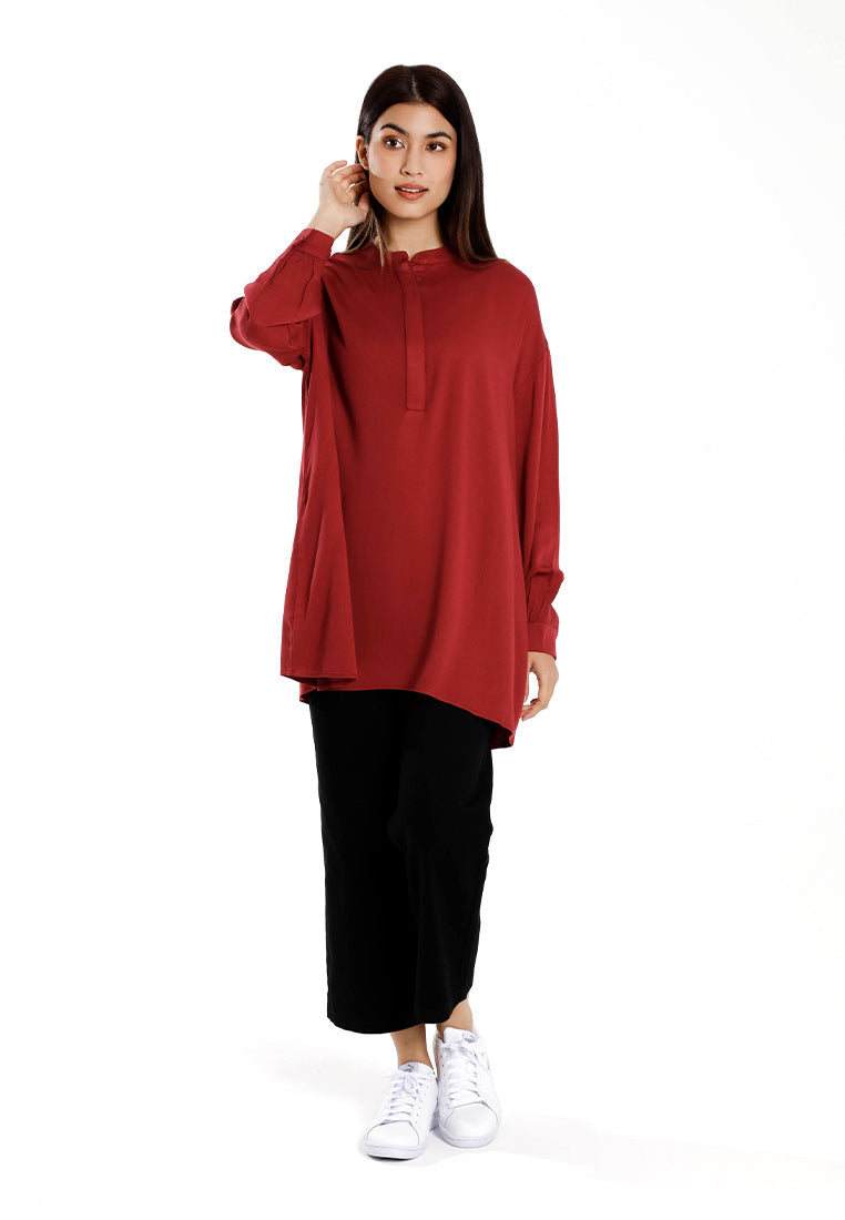 Forest Ladies Rayon Oversized Band Collar Plain Blouse Women Long Sleeve Tunic | Baju Perempuan - 822505