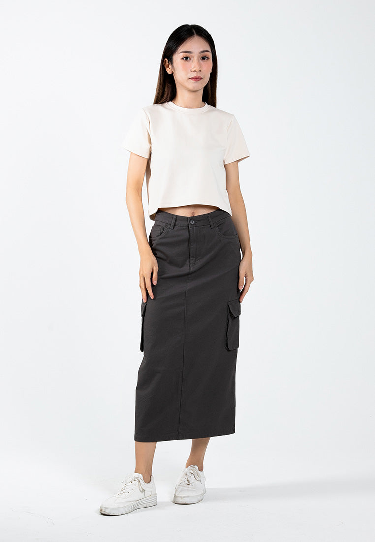 Forest Ladies Cotton Twill Elastic Waisted Cargo Skirt Women Midi Skirt - 880009