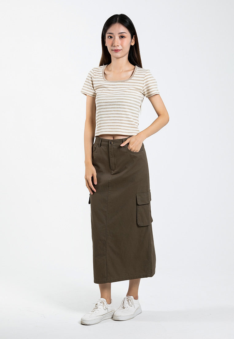 Forest Ladies Cotton Twill Elastic Waisted Cargo Skirt Women Midi Skirt - 880009