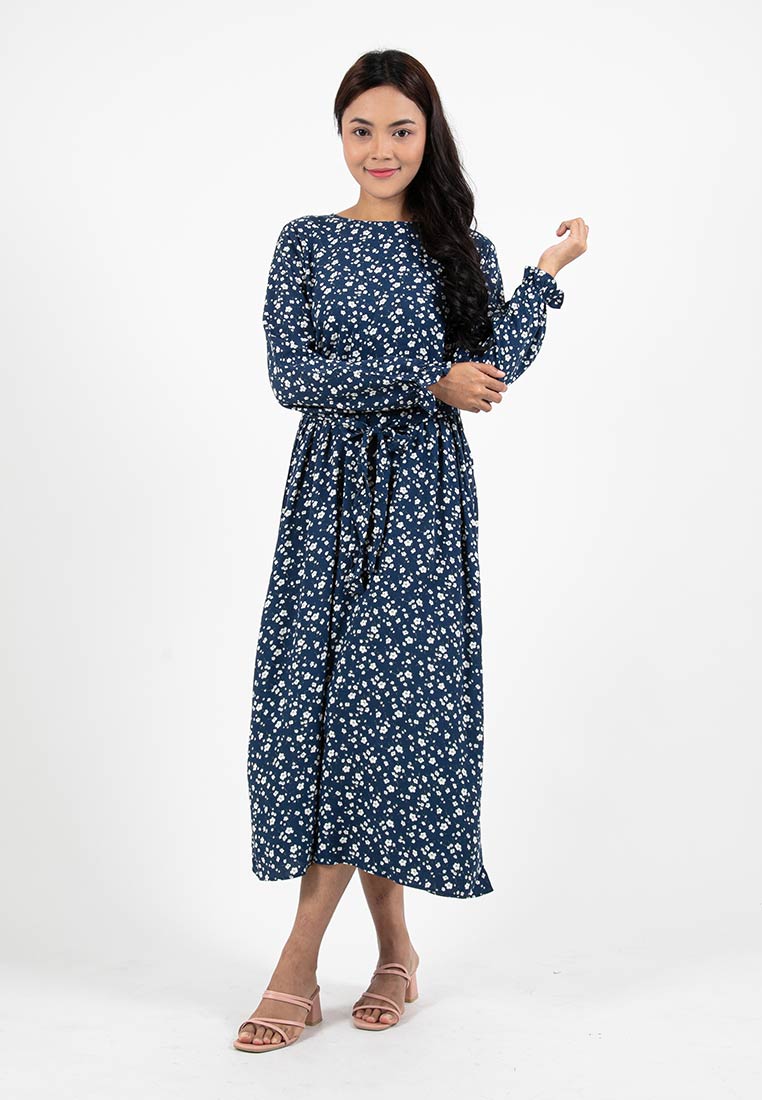 Forest Ladies Rayon Floral Pattern Long Sleeve Midi Dress Women Dress | Baju Lengan Panjang Perempuan - 885072