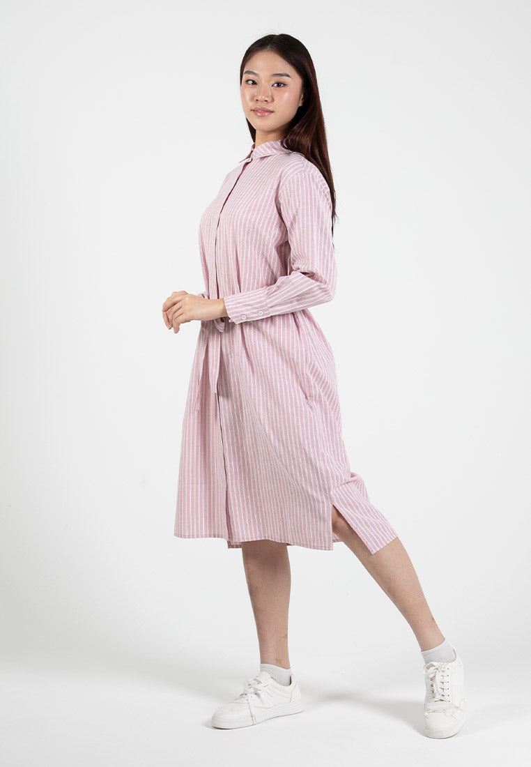 Forest Ladies Oversized Cotton Striped Shirt Dress Women Long Sleeve Shirt Dress Tunic| Baju Kemeja Perempuan - 885077