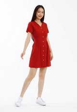 Forest Ladies Cotton Linen Dress Women Button Up V-Neck Dress - 885101