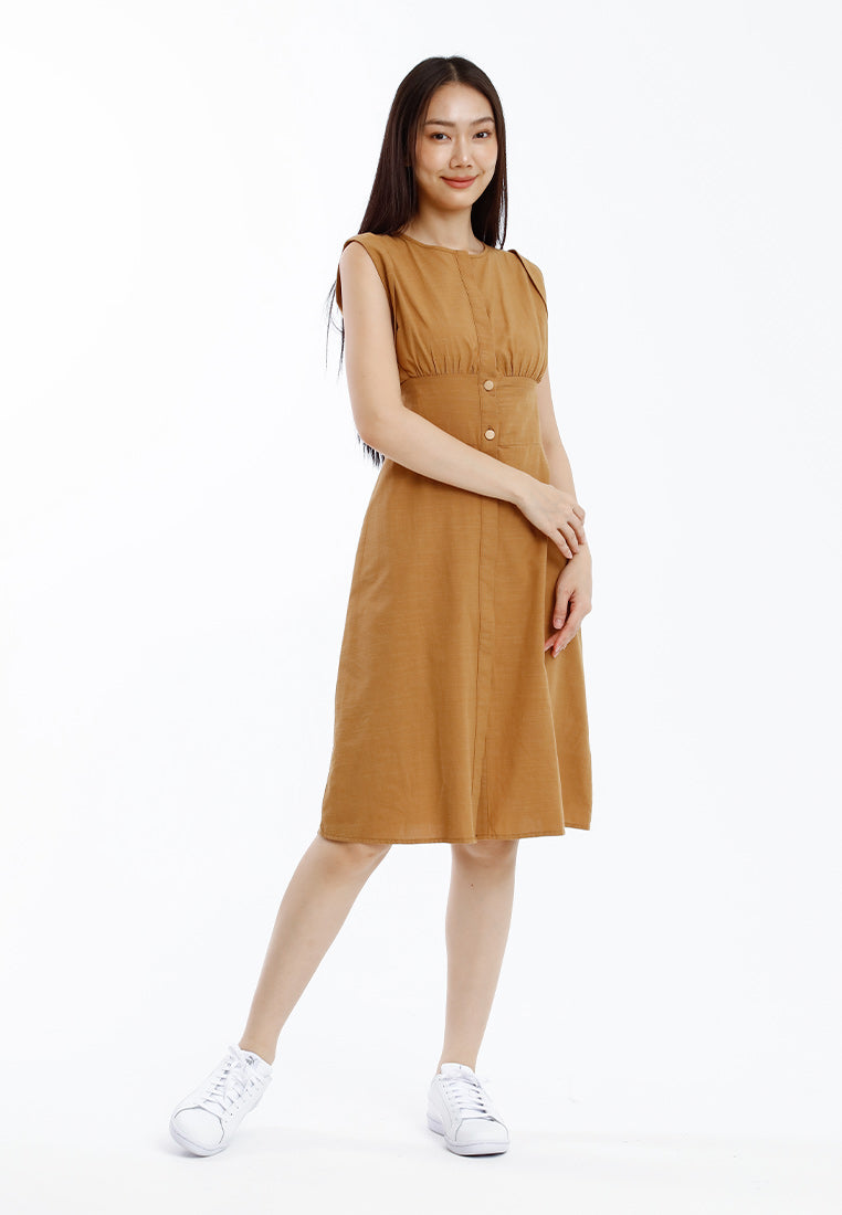 Forest Ladies Cotton Linen Sleeveless Button Dress Women Dress - 885104