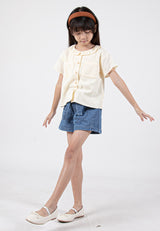 Forest Kids Girl Textured Cotton Ruffle Collar Button Front Short Sleeve Blouse| Baju Budak Perempuan - FK820076