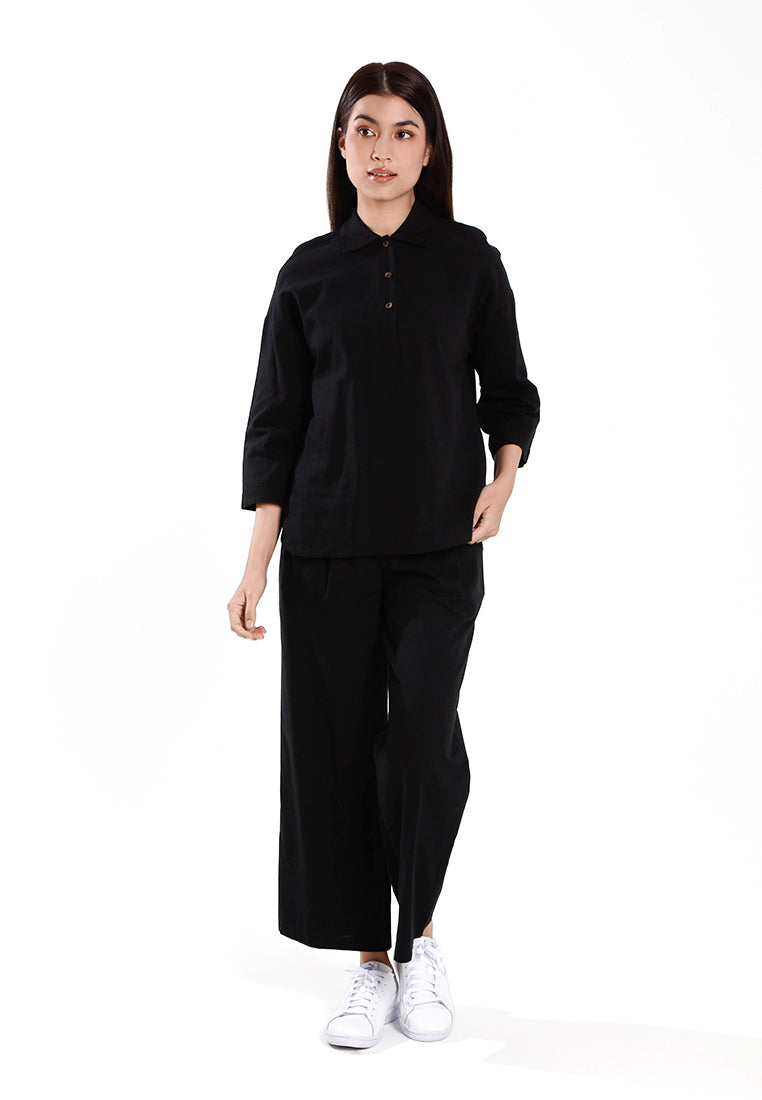 Forest Ladies Cotton Linen Pleated Wide Leg Pants Women Elastic Waist Long Pants | Seluar Panjang Palazzo - 810514