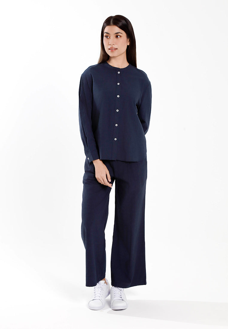 Forest Ladies Cotton Linen Pleated Wide Leg Pants Women Elastic Waist Long Pants | Seluar Panjang Palazzo - 810514