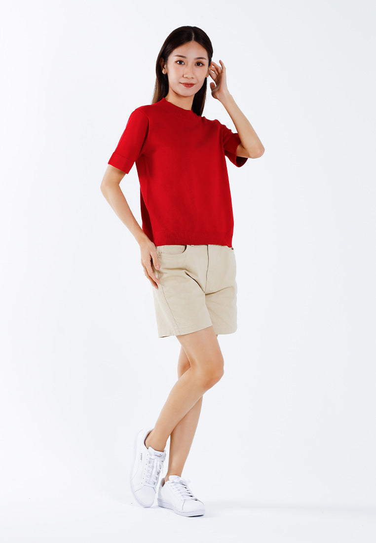 Forest Ladies Basic Plain High Neck Short Sleeve Knit Top | Baju Perempuan - 822348