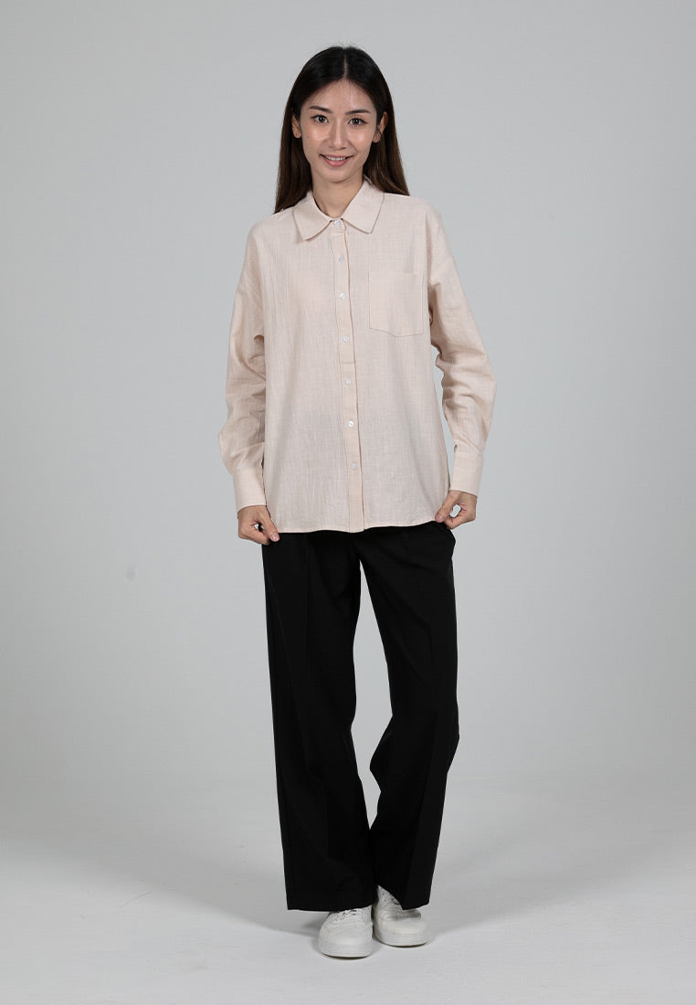 Forest Ladies Oversized Plain Linen Shirt Women Long Sleeve Shirt | Baju Kemeja Perempuan - 822386