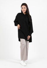 Forest Ladies Linen Oversized Band Collar Plain Blouse Women Long Sleeve Tunic | Baju Perempuan - 822391