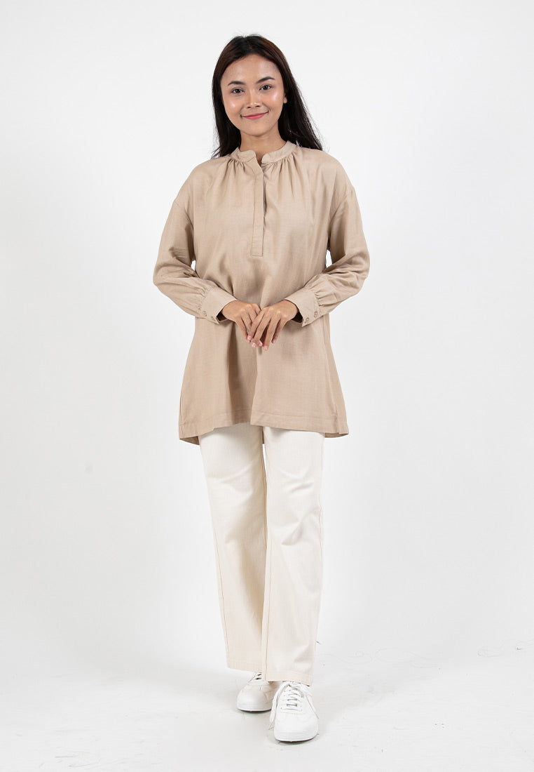 Forest Ladies Linen Oversized Band Collar Plain Blouse Women Long Sleeve Tunic | Baju Perempuan - 822391