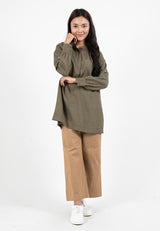 Forest Ladies Linen Oversized Band Collar Plain Blouse Women Long Sleeve Tunic | Baju Perempuan - 822391