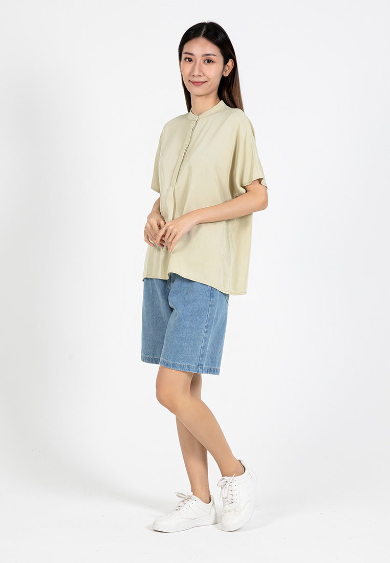 Forest Ladies Rayon Lyocell Band Collar Plain Blouse Women Short Sleeve Blouse | Baju Kemeja Perempuan - 822415