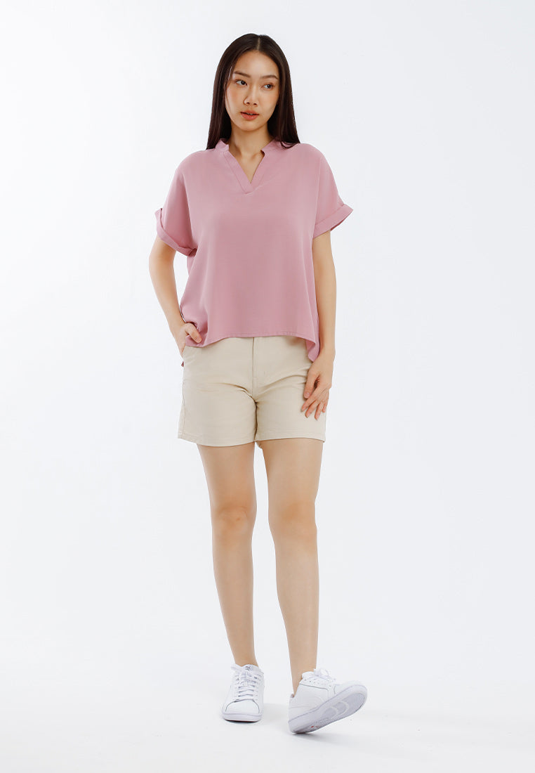 Forest Ladies Polyester Collar Plain Blouse Women Short Sleeve Blouse | Baju Perempuan - 822417