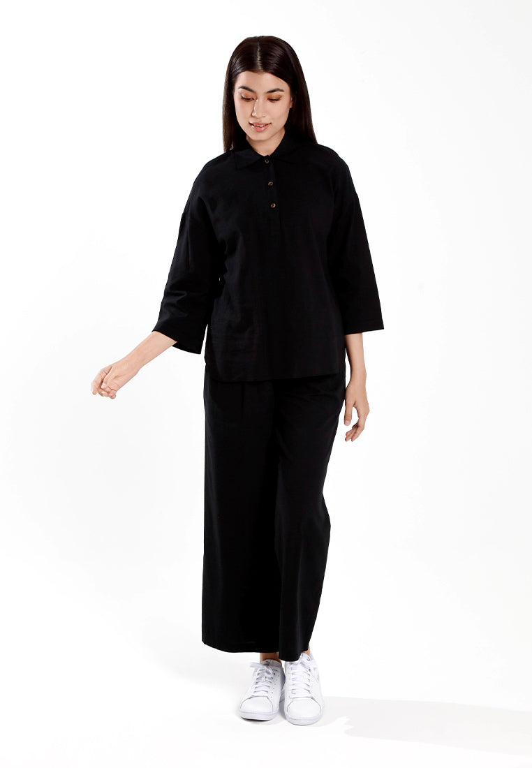 Forest Ladies Cotton Linen 3/4 Sleeve Collar Blouse Women Shirt | Baju Kemeja Perempuan Lengan Panjang - 822474