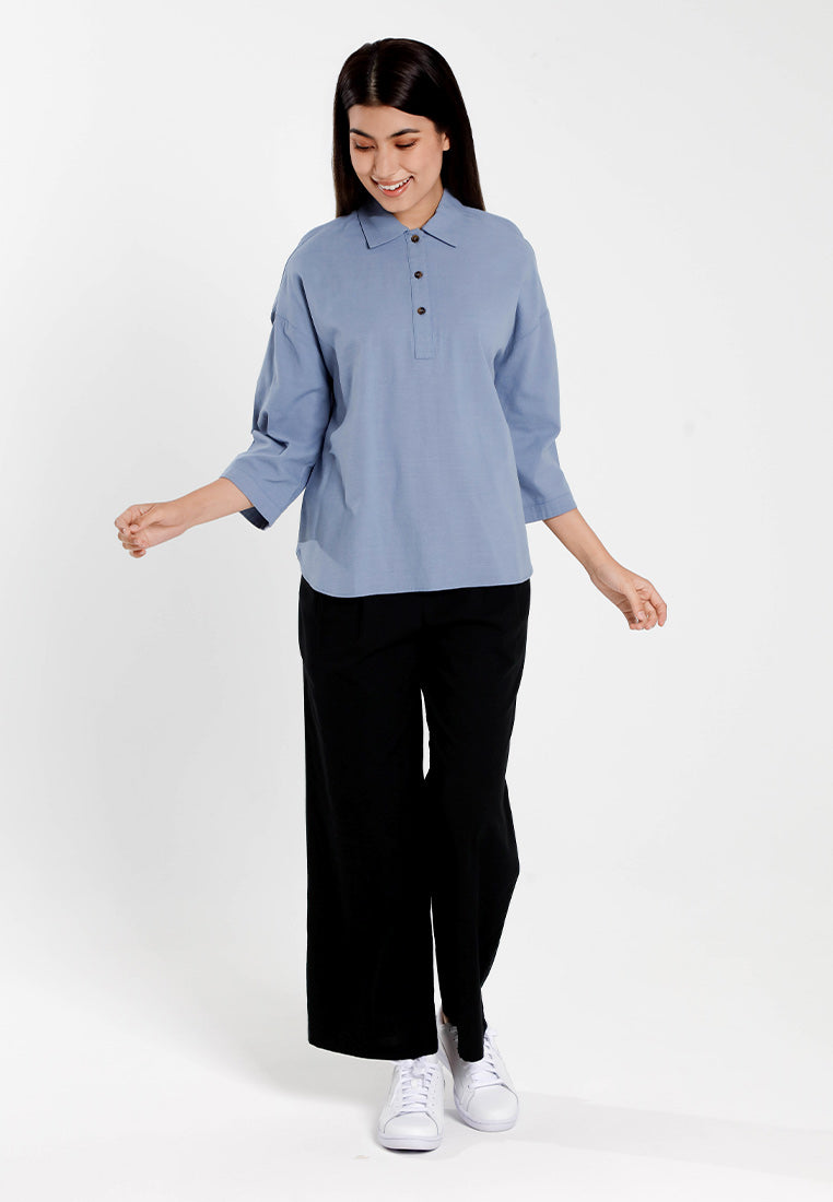 Forest Ladies Cotton Linen 3/4 Sleeve Collar Blouse Women Shirt | Baju Kemeja Perempuan Lengan Panjang - 822474